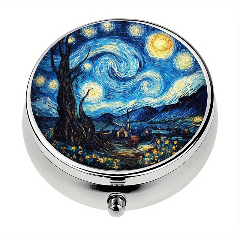 Single pack, wallet-style pill box with 3 compartments, starry night scene daily pill organizer, decorative metal mini pill box, unique gift, portable pill box