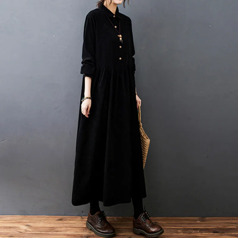 #6824 Autumn Winter Corduroy Dress Polo Neck Buttons A-line Dress Ankle-length Vintage Long Shirt Dress Loose Black Blue Red