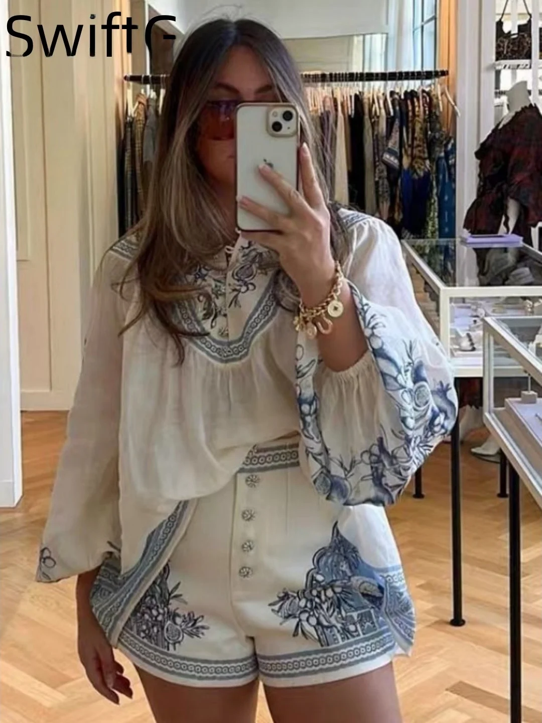 Breathable Linen Shirt Lantern Sleeve Floral Print Lightweight Women's Fashion Set with Shorts Comfortable Loose Fit All Seasons