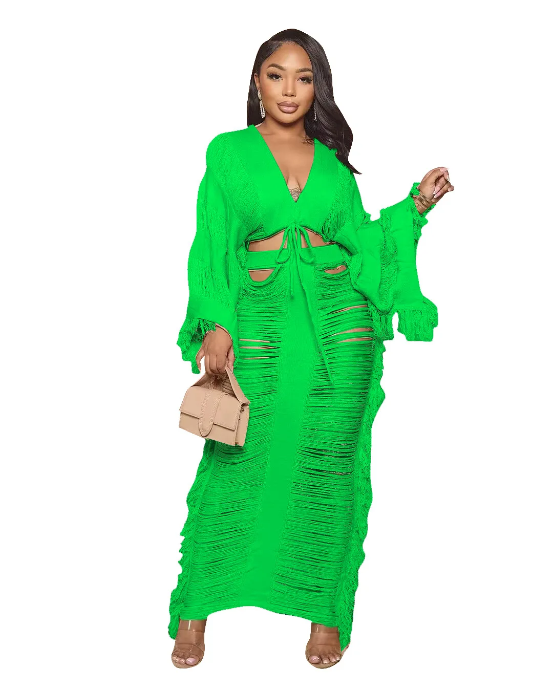 

African Clothes for Women Summer Autumn African Long Sleeve V-neck Polyester 2 Pieces Top Long Skirt Matching Sets