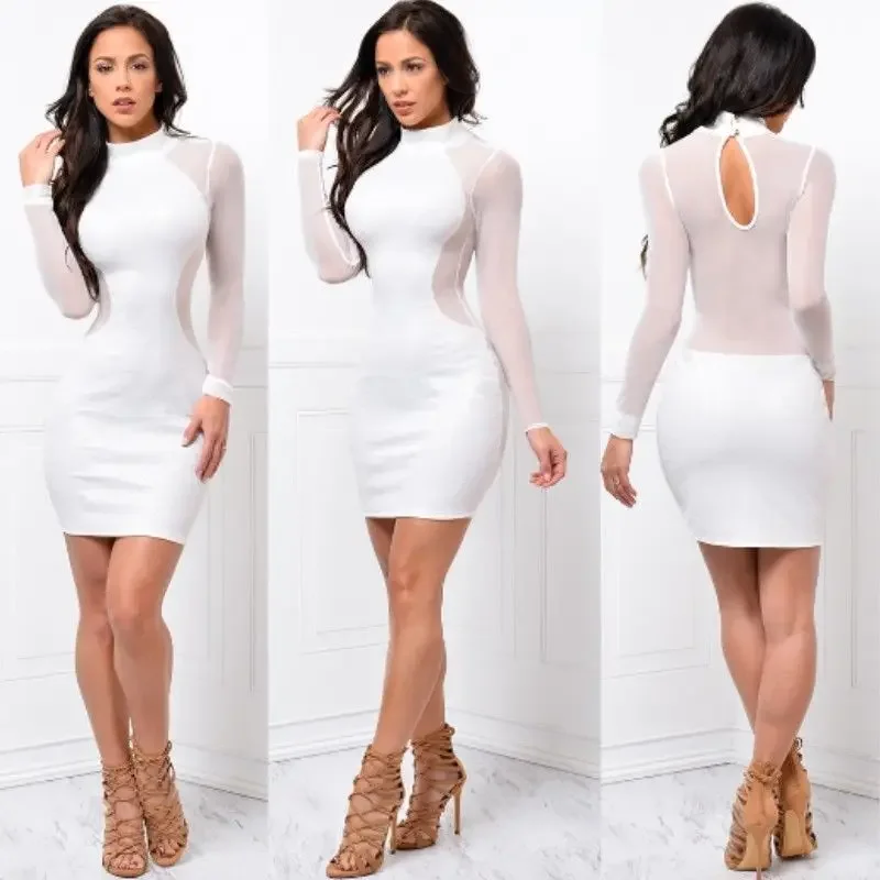 

Women Sexy Bodycon Dress Evening Party Cocktail Transparent Long Sleeve Clubwear Sexy White Black Summer Dress Women 2025