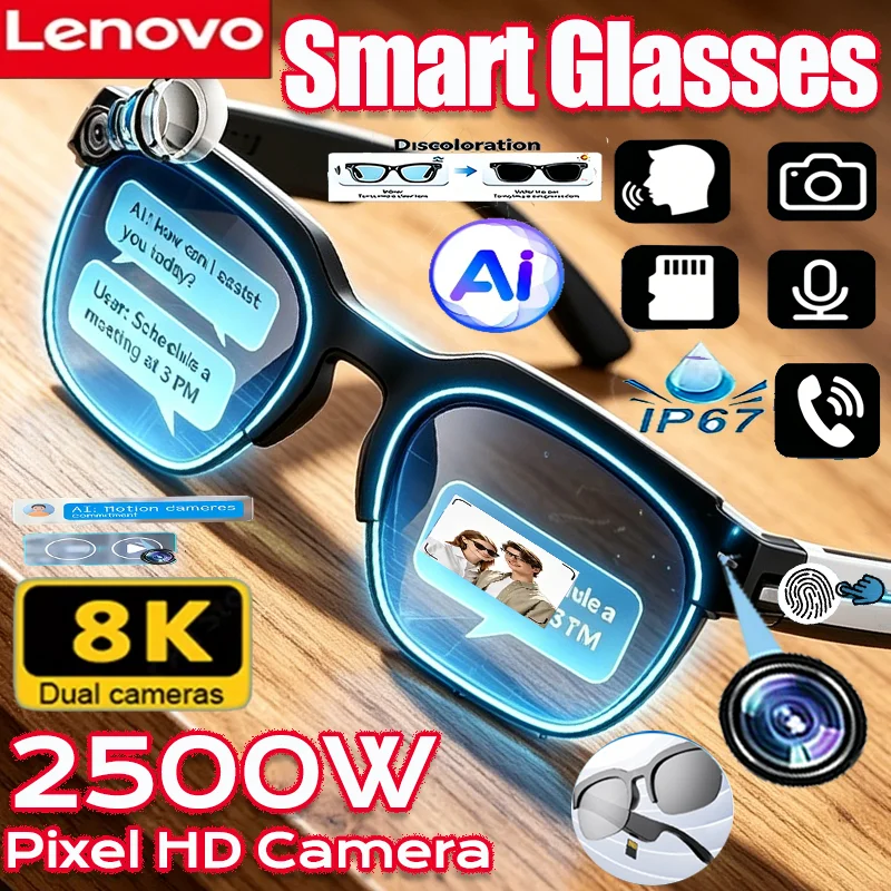 Lenovo 2500MP 8K Insert Cards Smart AI Glasses Translation Bluetooth Conversation Recording Listening To Music Smart Sunglasses