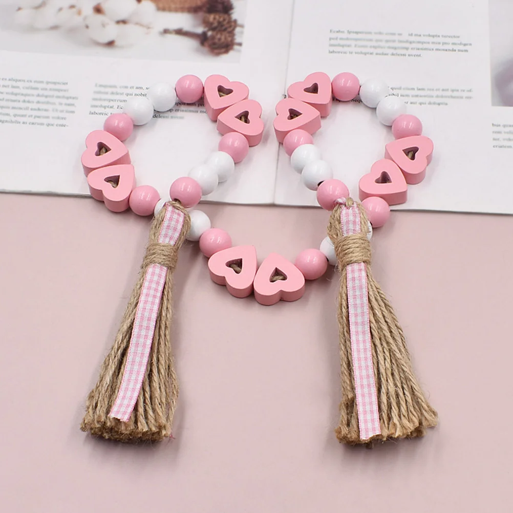 

Wooden Heart Bead Pink Decor Valentine Party Door Hanging Reusable Home Decorative Beads String Tassel