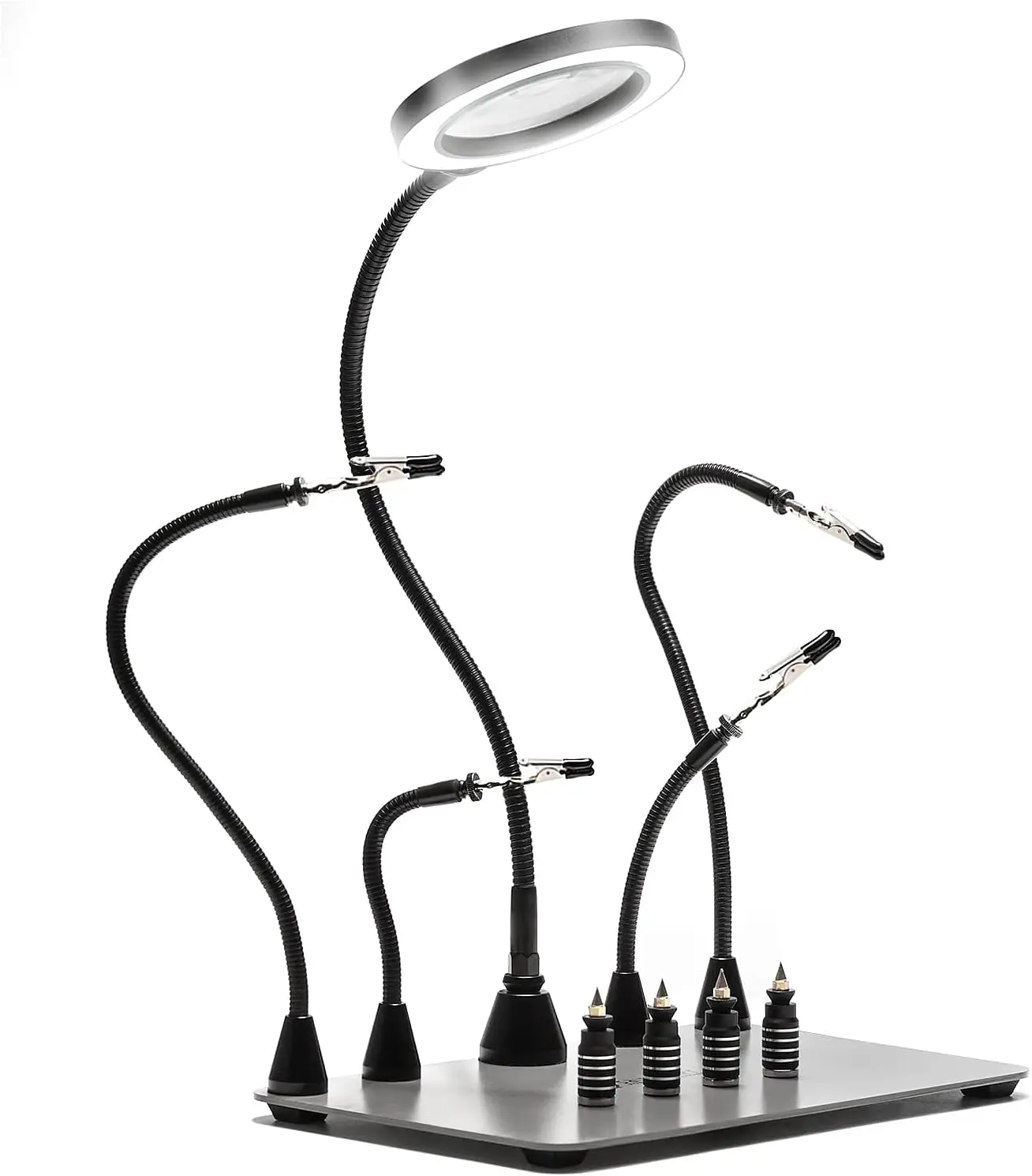 

Magnetic Helping Hands Soldering Station, 11.1x7.1" Base, 5X LED Magnifier, 4 PCB Holders, 4 Flexible Arms