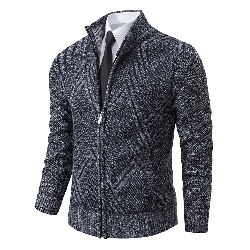 2024 Winter Men\'s Open Collar Wool Zipper Sweater Stand Collar Slim Knitted Sweater Coat Warm Jacket Solid Color Men\'s Clothing