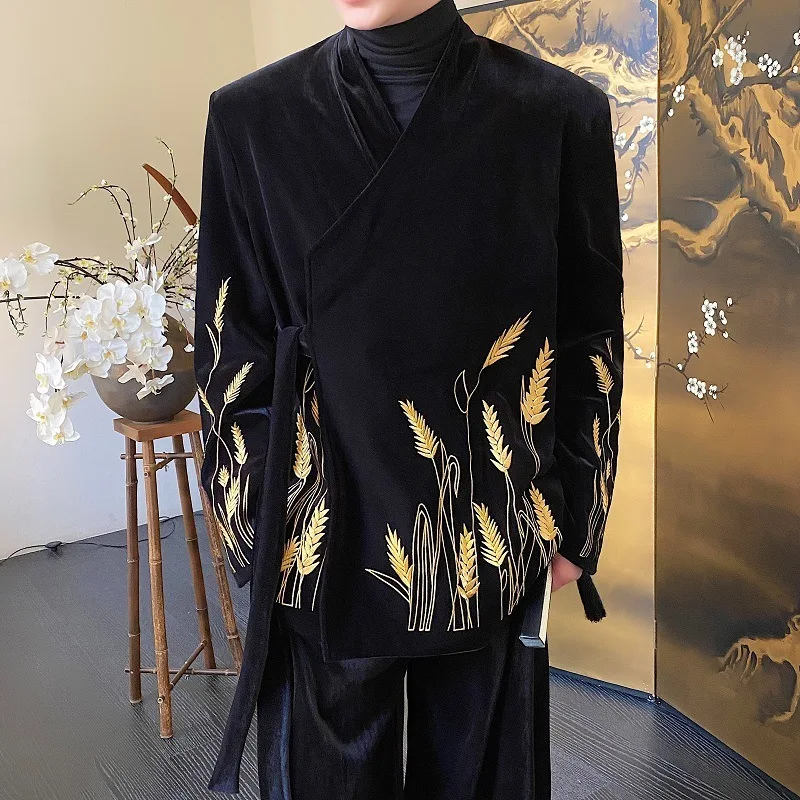 WTHT แฟชั่นผู้ชายชุด Heavy Industy เย็บปักถักร้อยไหล่ Blazer เสื้อเอวสูงตรงกางเกงขากว้างชุดชาย 2A0453