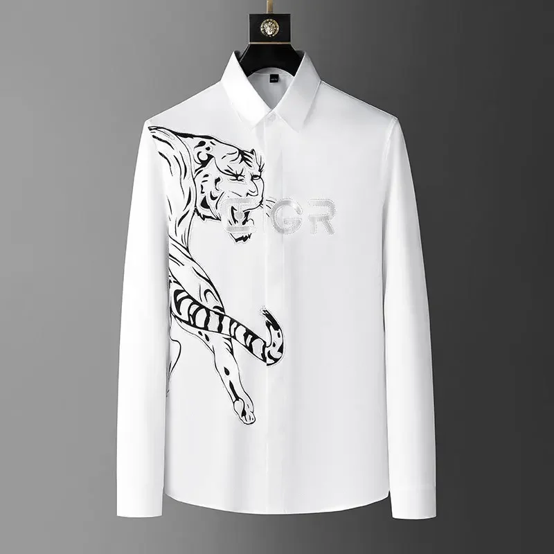 Tiger Contrast Print Camiseta Masculina Spring Shirt For Men Social Club Outfits Trend Brand Fashion Hot Diamond Print Shirt Men