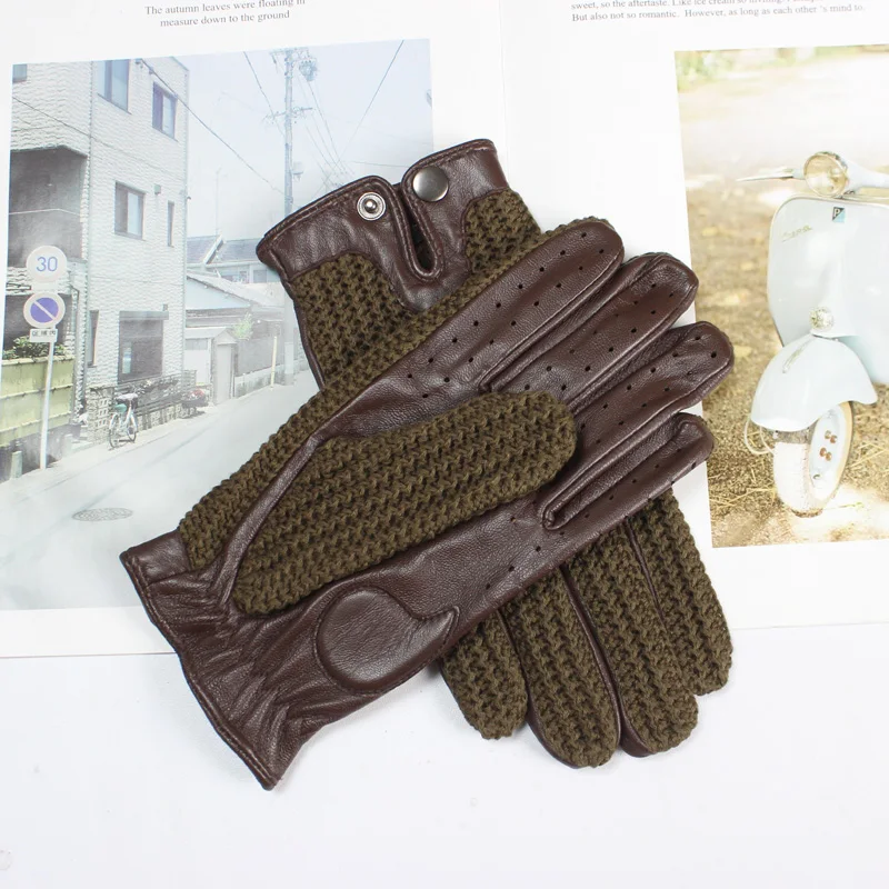 New Men\'s Sheepskin Gloves Outdoor Riding Fashion Touch Screen Splicing Knitted Unlined Spring Driving Gloves Autumn