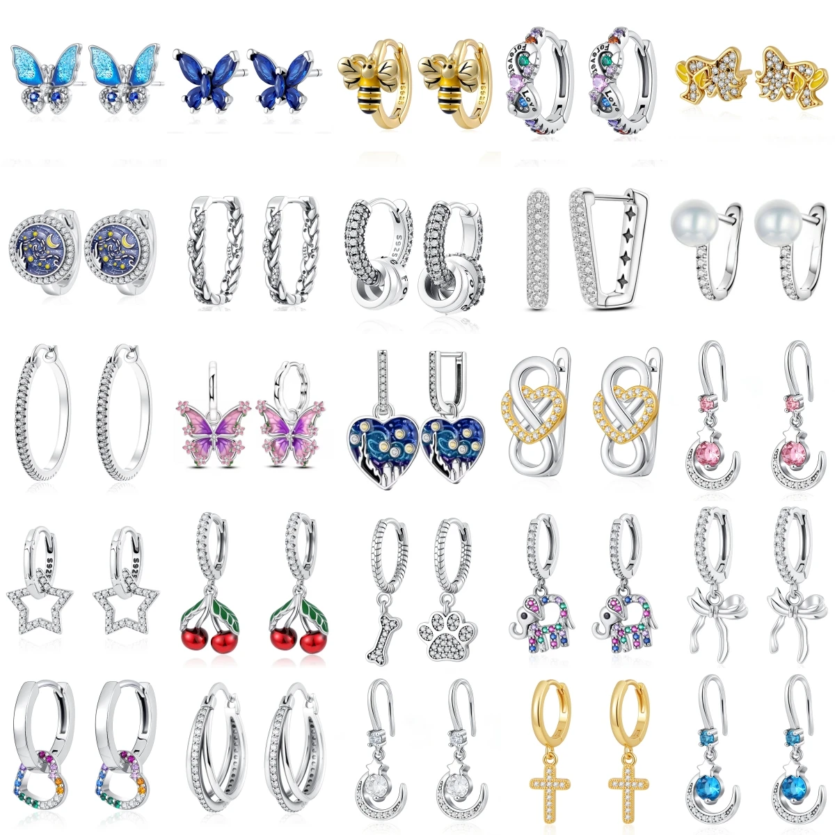 

925 Silver Hoop Earrings for Women Butterfly Bee Cherry Star Heart Cubic Zirconia Drop Earrings Fashion Party Jewelry Gift