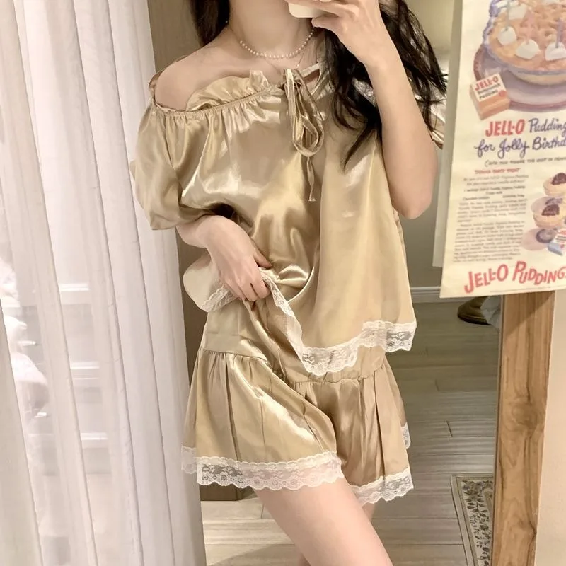 Solid Color Korean Pajamas Suit Women's Summer Ice Silk Short-sleeved Shorts Loungewear Set Sweet Cute Lace Outside Home Wear