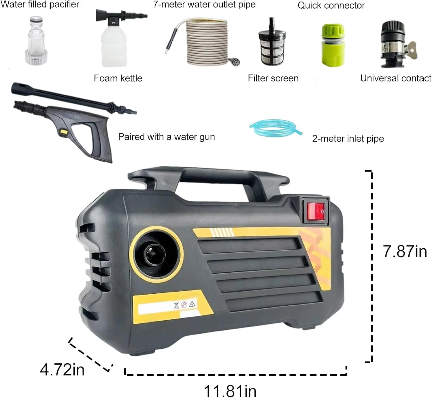Portable Electric Pressure Washer, 1740 PSI High Power Car Washer with Spray Gun/Foam Cannon/Water Pump Hose for Cars Cleaning