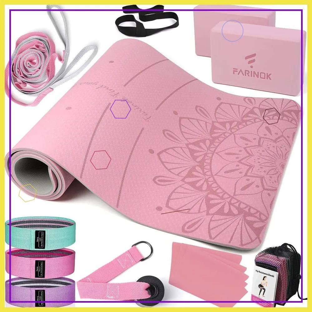 

1/3 Inch Thick Yoga Mat Set for Beginners, High Density with Straps, Blocks, Resistance Band & Carry Bag