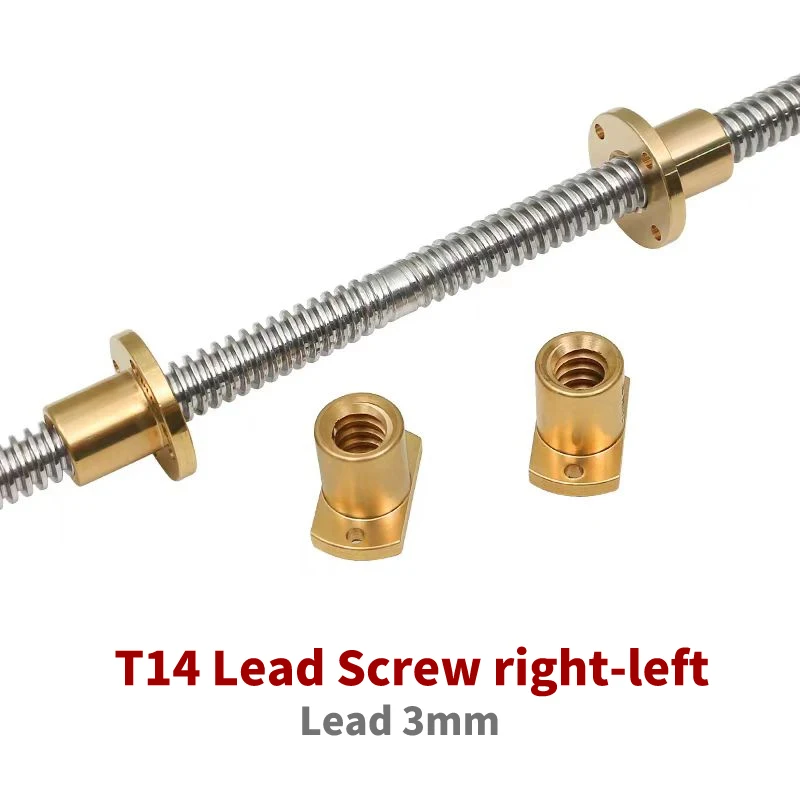 T14 Lead Screw right-left 304 stainless steel length100-1000mm OD14mm Lead 3mm with Nuts Brass H Flange Nut for 3D Printer part