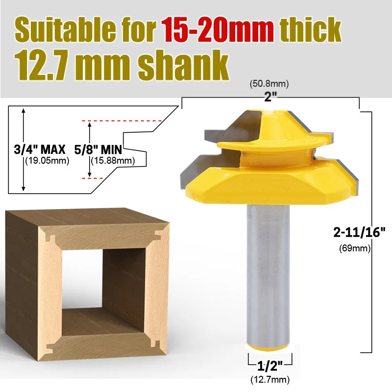 

1Pc 1/4" 8mm 1/2" Shank 45° Lock Miter Router Bit, Tenon Milling Cutter Woodworking Tool for Wood Engraving & Cutting