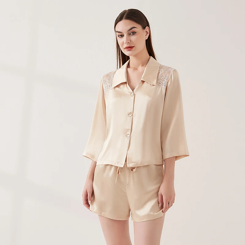 100% Heavy Mulberry Silk Lace Patchwork Cardigan Pajamas Two-piece Set Women's Three-quarter Sleeve Shorts Casual Home Clothing