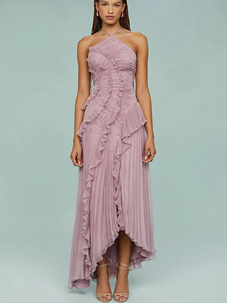 Elegant Fold Ruffles Halter Long Dress Women Sleeveless Backless Summer Beach Vacation Chiffon Dresses Irregular Purple Robes