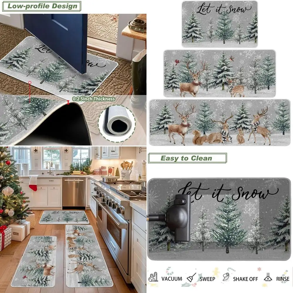 

Set of 3 Christmas Winter Rugs: Snowy Pine, Deer, Cardinal & Snowflakes - Non-Slip, Washable Kitchen Mats for Holiday Home Decor