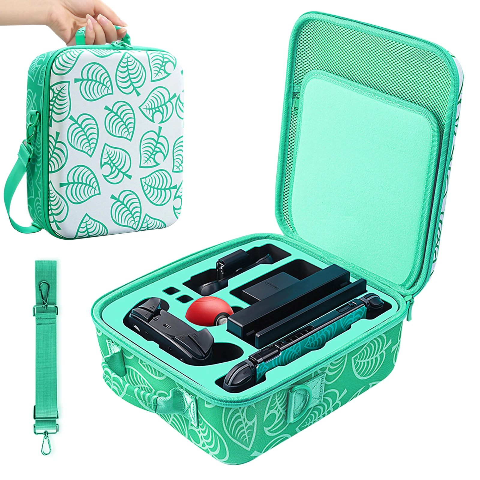 Portable Nintendo Storage bag, protective hard Case storage bag, luxury carrying case with handle, shoulder strap, Leaf pattern