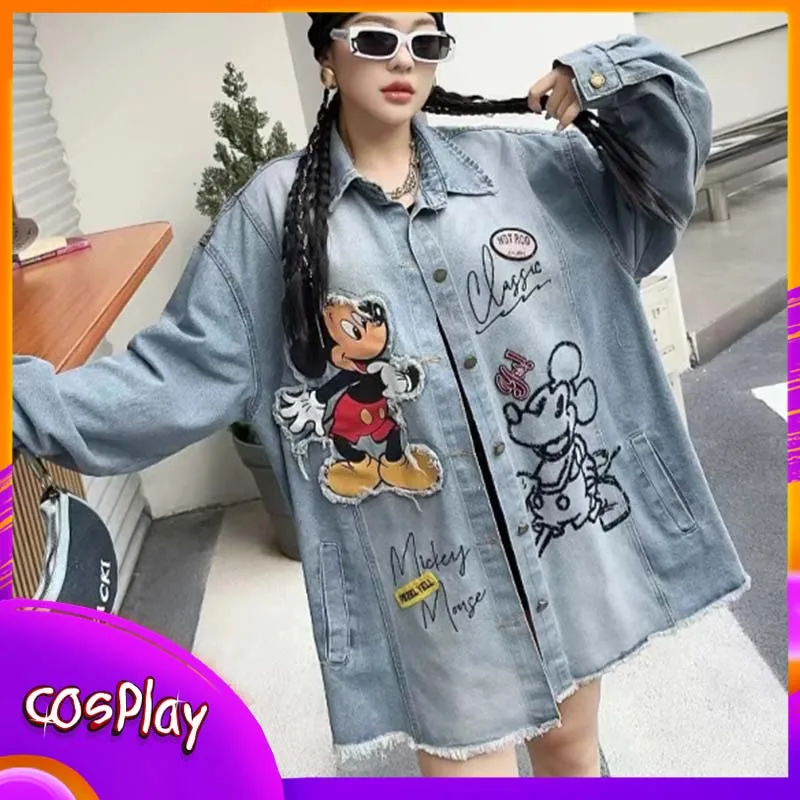 

Джинсовая рубашка с Микки Маусом, модное ретро стираное винтажное джинсовое пальто, повседневное модное женское пальто с длинными рукавами, свободная одежда, подарок для девочек
