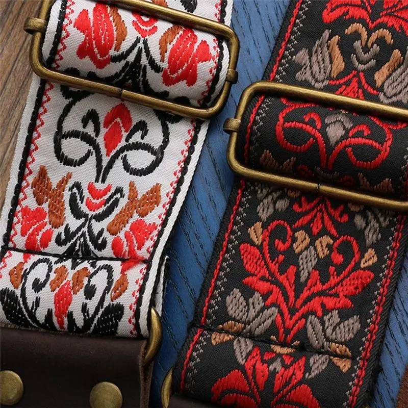 

TUREBG Guitar Ukulele Strap Embroidered Guitar Strap Leather Head Bass Shoulder Strap Electric Guitar Accessories(Black)