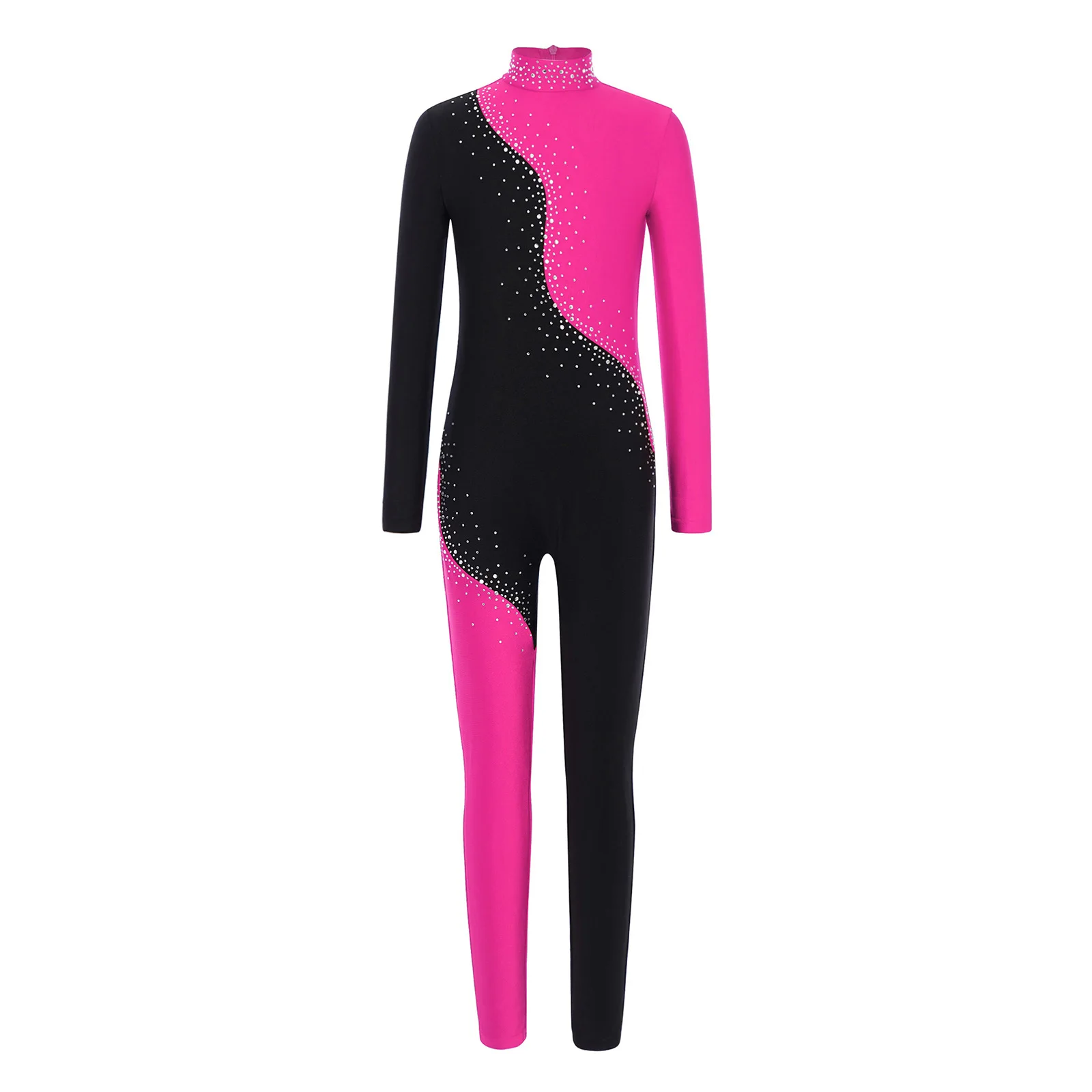

Kids Girls Gymnastics Jumpsuit Figure Skating Dance Bodysuit Rhinestones Mock Neck Long Sleeve Color Block Full Body Rompers