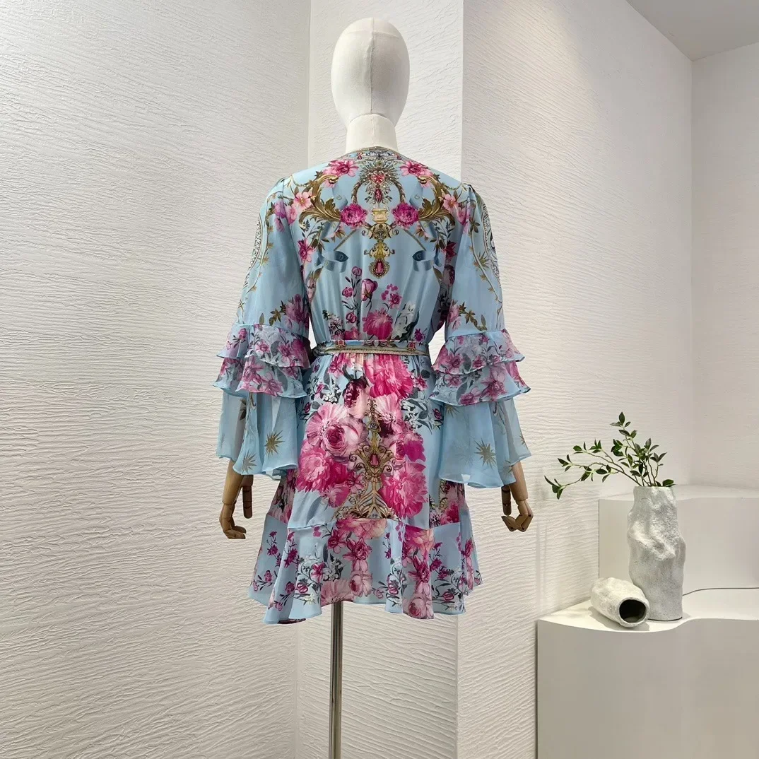 Blue New 2024 Re-tro Floral Print Ruffles Vintage Silk Diamonds Lace-up Flare Sleeve Women Wrap High Quality Holiday Mini Dress