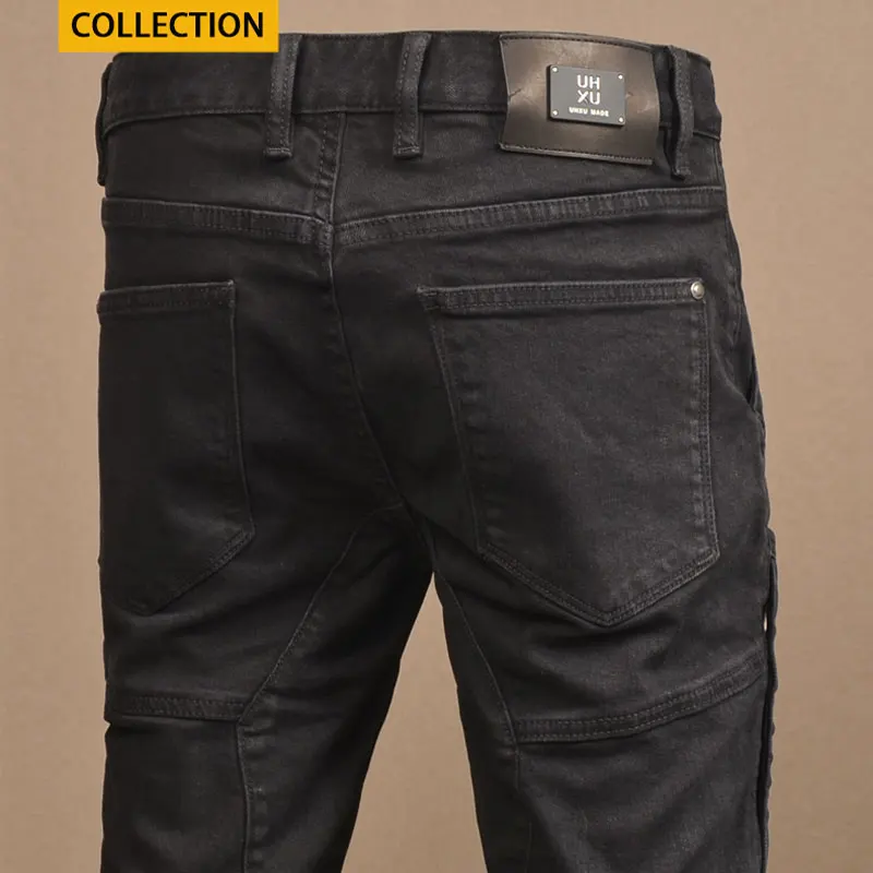 Streetwear Fashion Men Jeans Black Stretch Slim Fit Spliced Designer Biker Jeans Homme Patched Hip Hop Denim Punk Pants Hombre