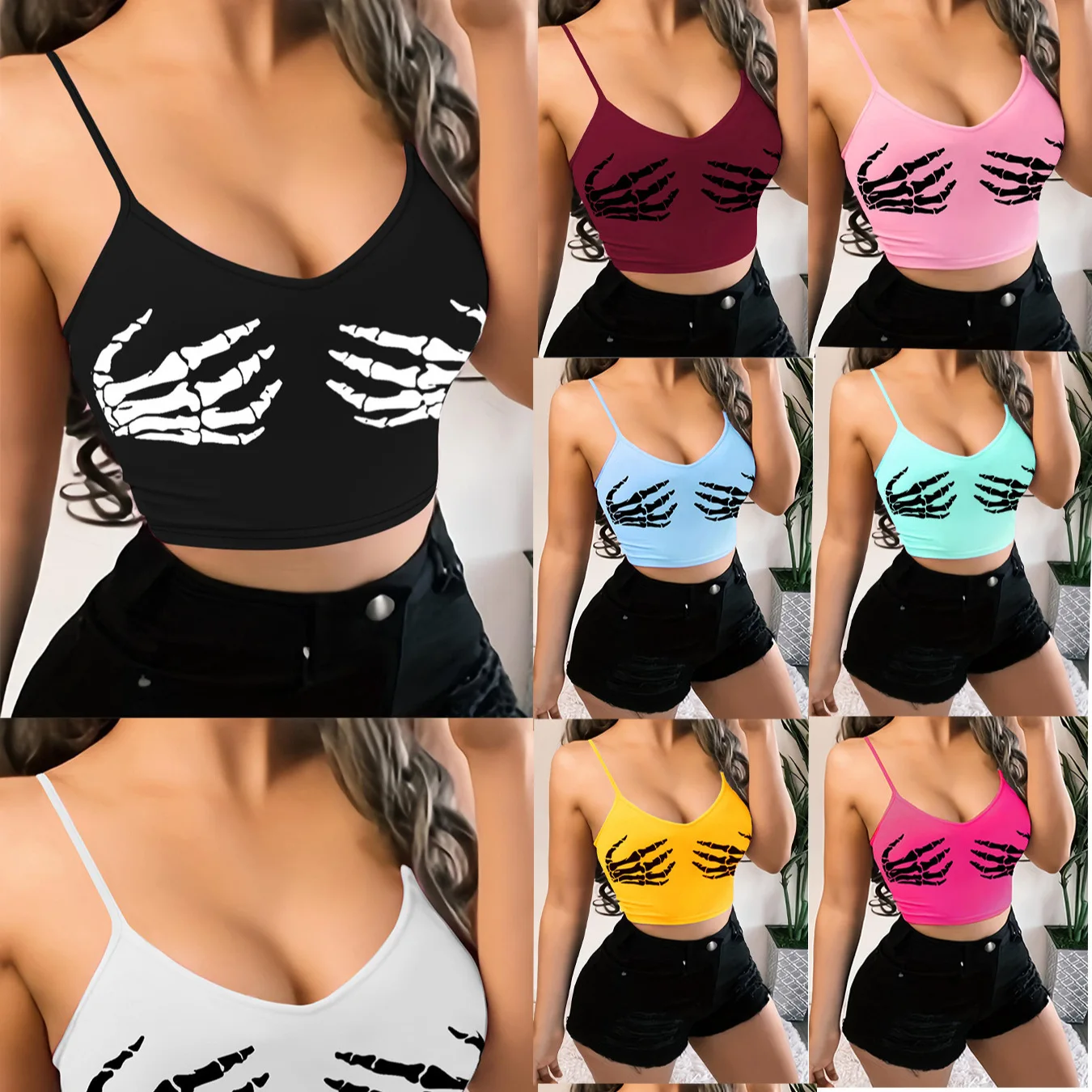 Boho Chic Skeleton Print Crop Top | Sexy Stretch Fit, Sleeveless Spaghetti Strap | Easy-Care, Versatile All-Season