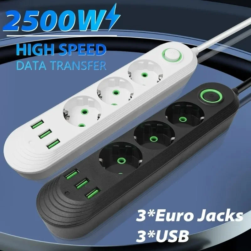 3/4/5 Euro Jacks 3 USB Power Strip with Extension 2M Cord Socket Network Filter Round Pin AC Outlet Electrical Charge Adapter