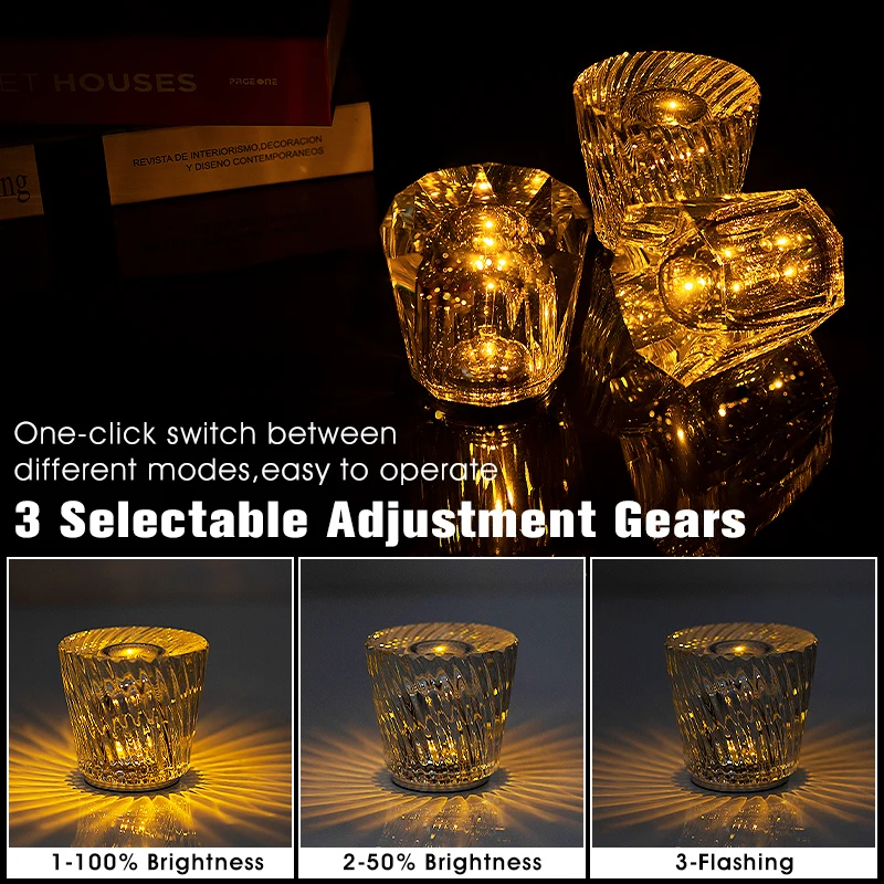 Crystal LED Table Lamp USB Brightness Adjustment Diamond LED Night Light Bedside Table Restaurant Bar Rechargeable Romantic Lamp