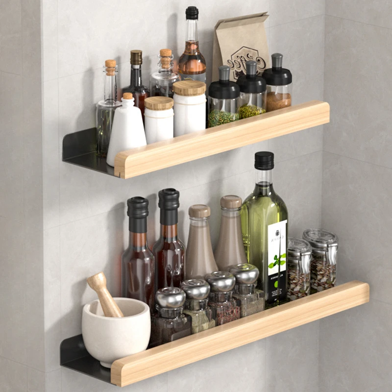 

Solid Wood Carbon Steel Kitchen Seasoning Bottle Storage Rack Non Perforated Wall Mounted Log Detachable Washable Seasoning Rack