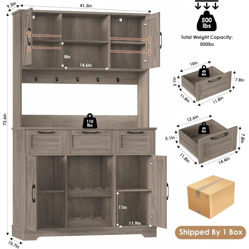 Farmhouse Style Kitchen Pantry Hutch with Storage, Coffee Bar, Wine Rack, and Microwave Stand, Tall Storage Cabinet