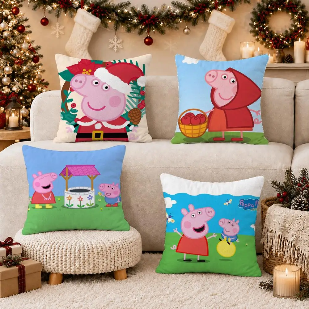 Cartoon P-Peppa Pig Family Cushion Cover Soft Short Plush Pillow Case Cushion Cover for Living Room Sofa Decor