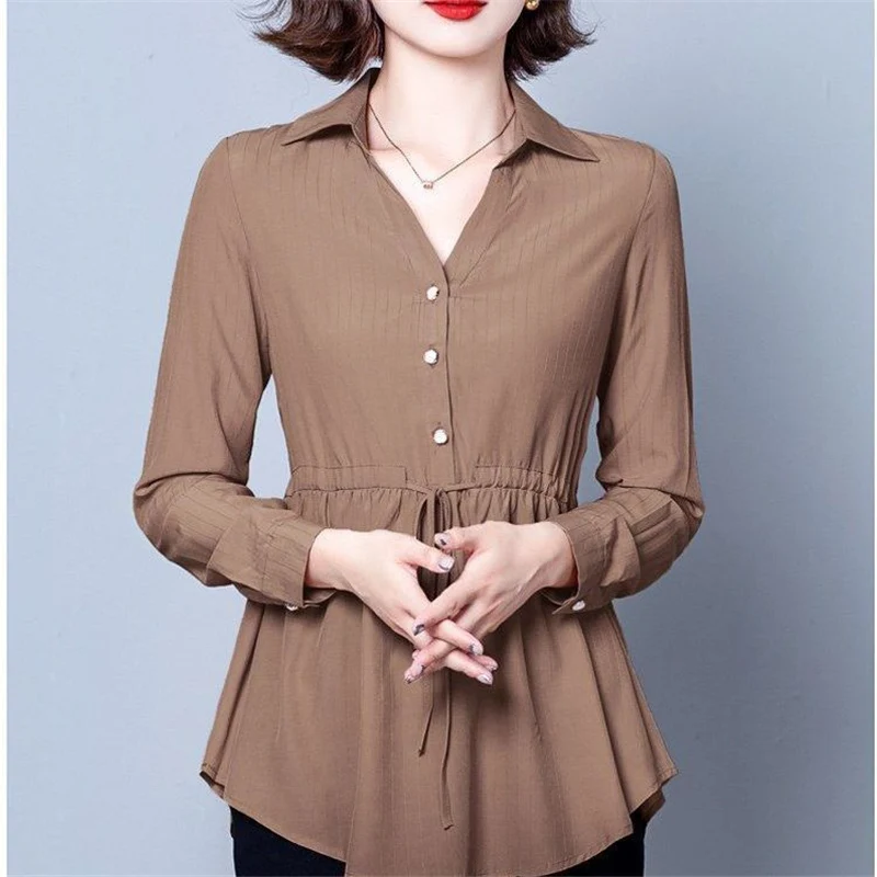 Elegant Chic V Neck Long Sleeve Solid Slim Office Lady Shirts Korean Fashion Lace Up Commute Top Blouse Women Blusas Clothes2023