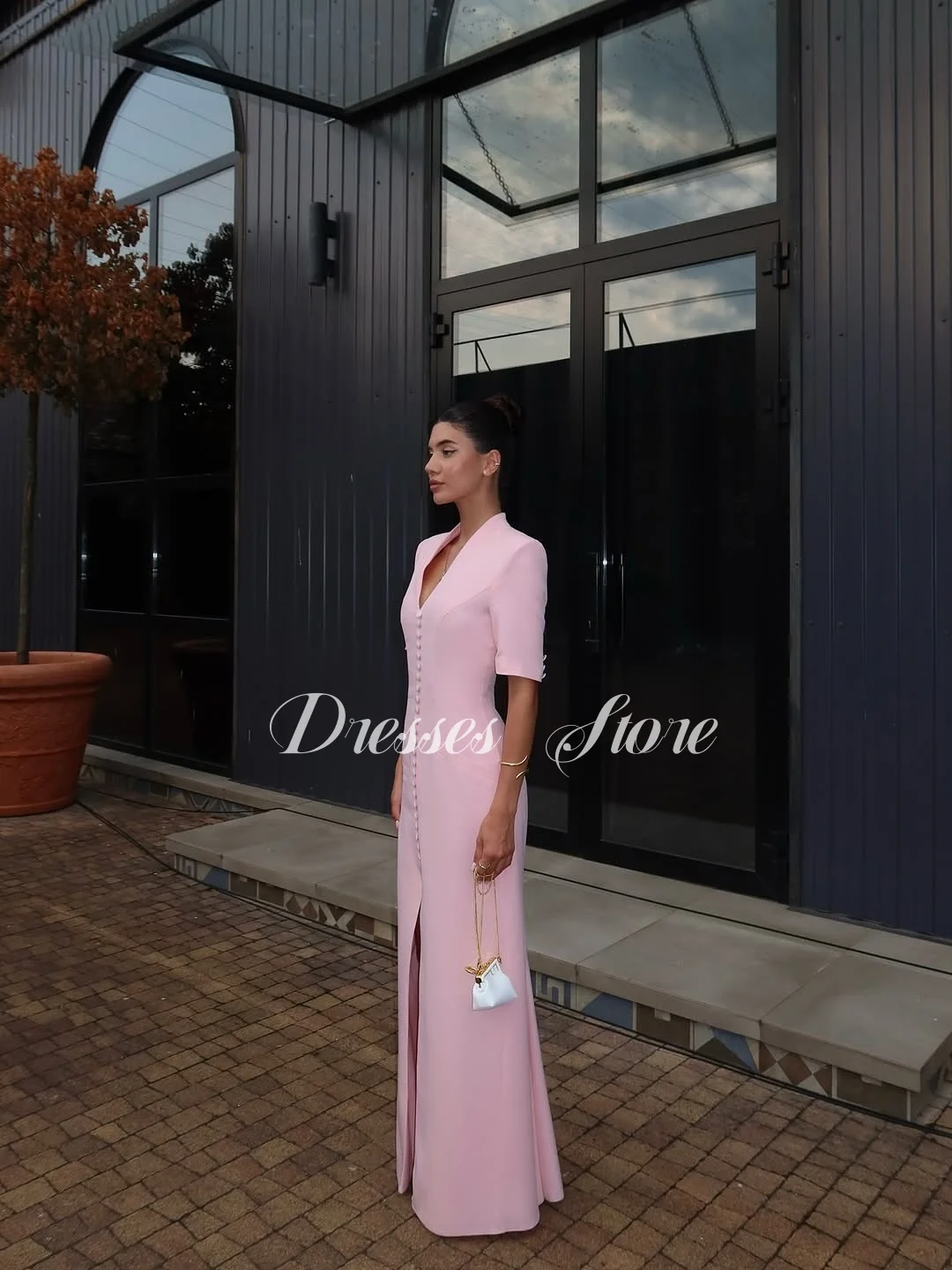 기유 2025 우아한 V넥 핑크 이브닝 드레스, 반팔 머메이드 버튼 프롬 드레스, 바닥 길이 맞춤 제작