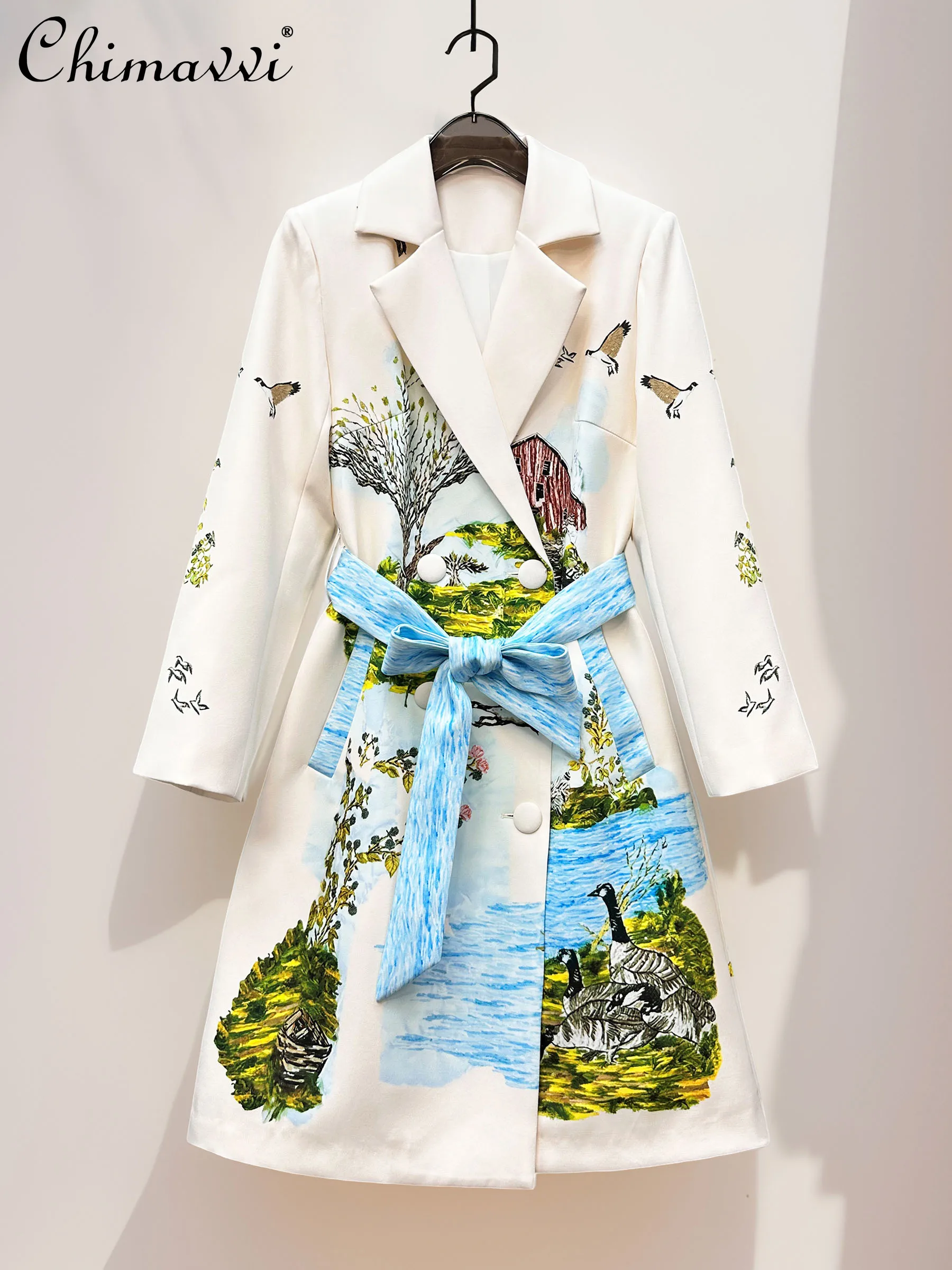 

French Elegant Temperament Double-Breasted High-Waisted Lace-up Slim Long Jackets Fashion Printed Autumn Trench Coats for Women