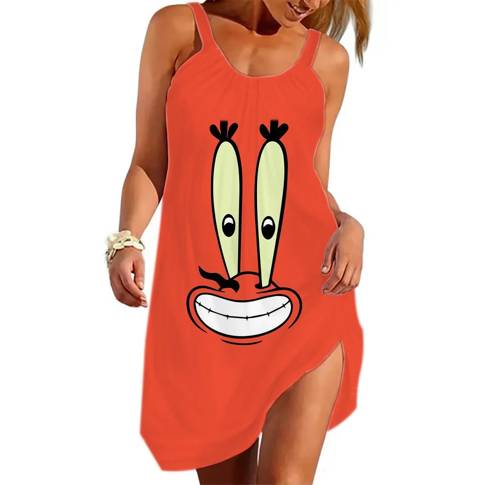 Nieuwste Spongebob Beach Sling Cartoon Damesjurk Mode Comfortabele Casual Jurk 2024 Zomer Outdoor Schattige Damesjurk