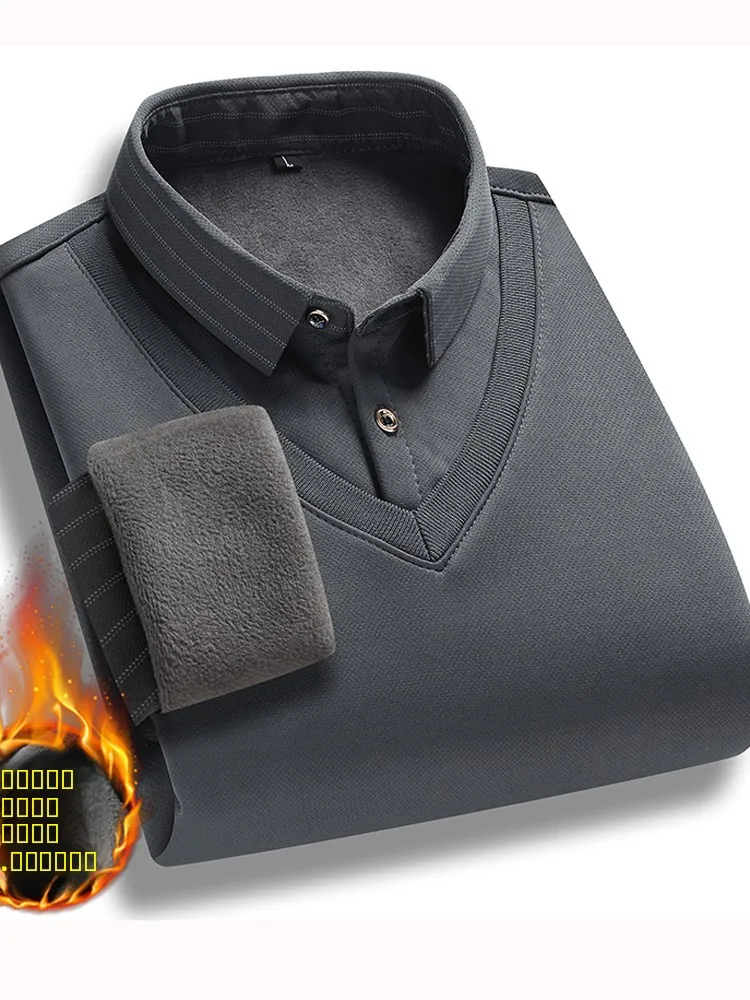 

Men's Knitted Fce Lined irt Collar Sweater Winter Warm Base Layer Fake Two-Piece Color Casual Loose Fit Long Sve