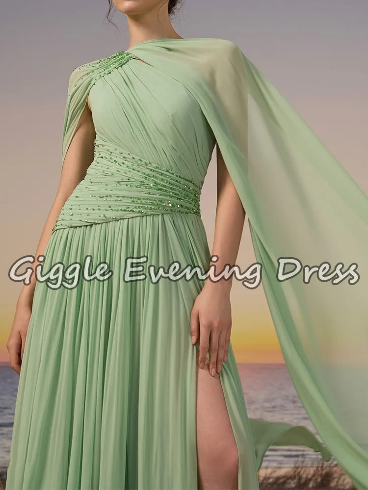セージグリーンアラビアプロムドレスケープスリーブビーズプリーツフォーマルパーティードレス女性のドレープシフォンAラインイブニングドレスカスタマイズ