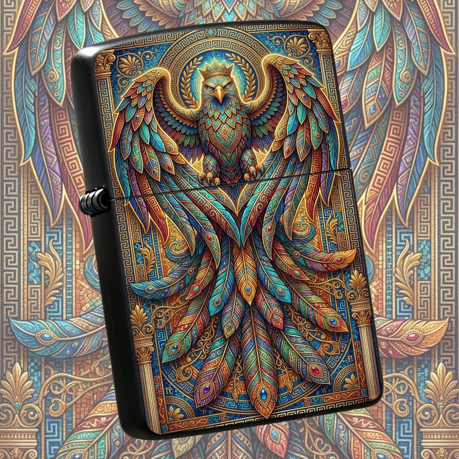 Vintage Byzantine Style Crowned Pattern Lighter Full Exquisite Mosaic Mythical Bird Gilt Design Perfect For Daily Use Outdoor Camping Multi-Scenarios Practical Decorative Fine Craftsmanship Ideal For Gifting And Personal Collection A Humoro