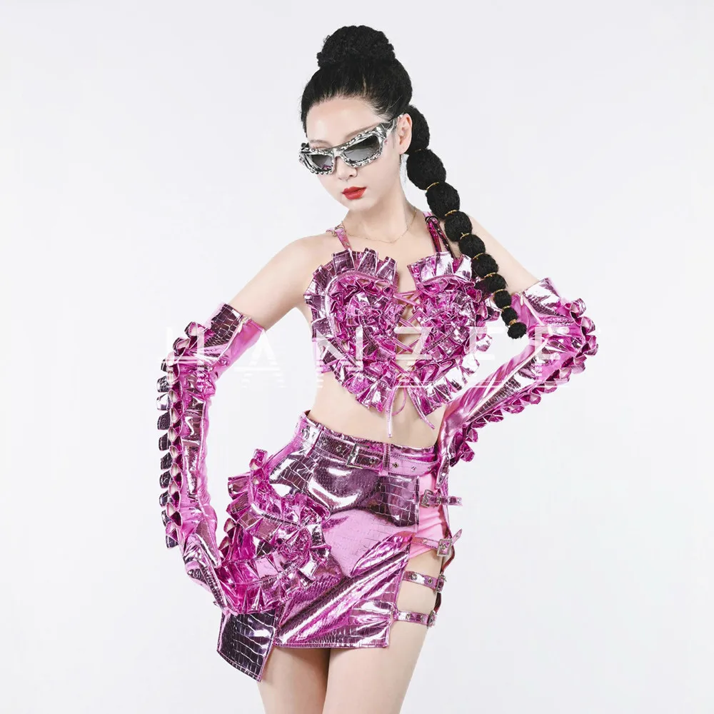 مثير ملهى ليلي سحب الملكة زي الوردي الليزر الجوف خارج تانك القمم تنورة صغيرة قفازات الزي الرقص مجموعة أداء المرحلة ارتداء