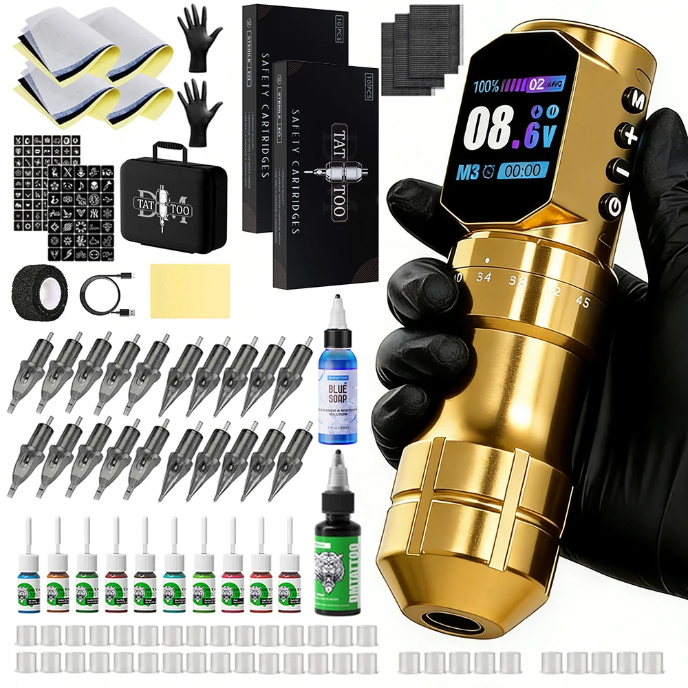 

Wireless Tattoo Machine Kit Black/Gold Adjustable Stroke Tattoo Pen Coreless Brushless Motor With Tattoo Needle Tattoo Blue Soap