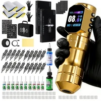 Kit de Máquina de Tatuar Inalámbrica Negra/Dorada, Pluma de Tatuar de Carrera Ajustable, Motor Sin Núcleo Sin Escobillas con Aguja de Tatuar, Jabón Azul para Tatuar