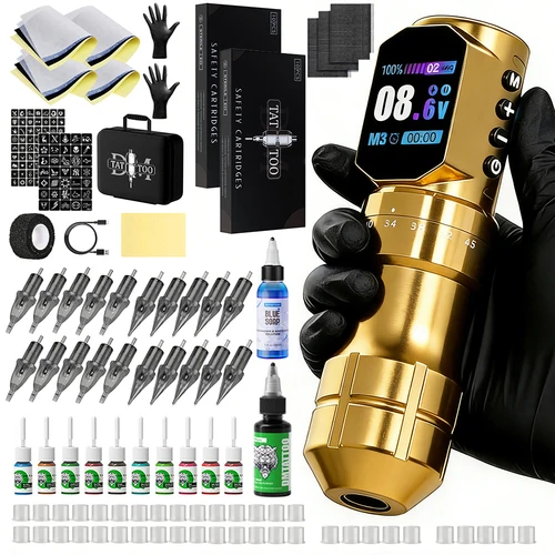 Kit de Máquina de Tatuar Inalámbrica Negra/Dorada, Pluma de Tatuar de Carrera Ajustable, Motor Sin Núcleo Sin Escobillas con Aguja de Tatuar, Jabón Azul para Tatuar