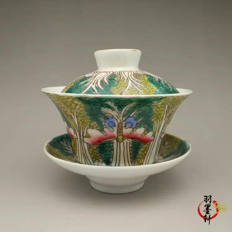Chinese Famille Rose Porcelain Cup Saucer Lid Qing Guangxu Cabbage Pattern 3.9