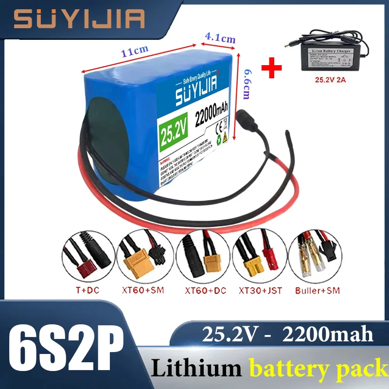 New 24V 25.2V 22000mAh lithium battery pack 6 S2P 18650 battery rechargeable lithium ion battery built-in BMS free shipping