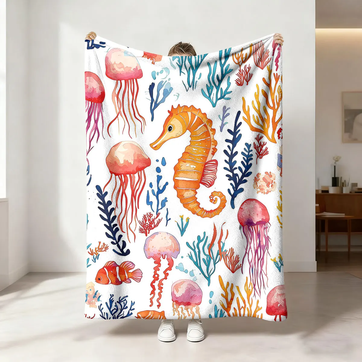 1pc Colorful Marine Cartoon Bio Printed Flannel Blanket In Multiple Sizes Comfortable, Suitable For Napping, Machine Washable