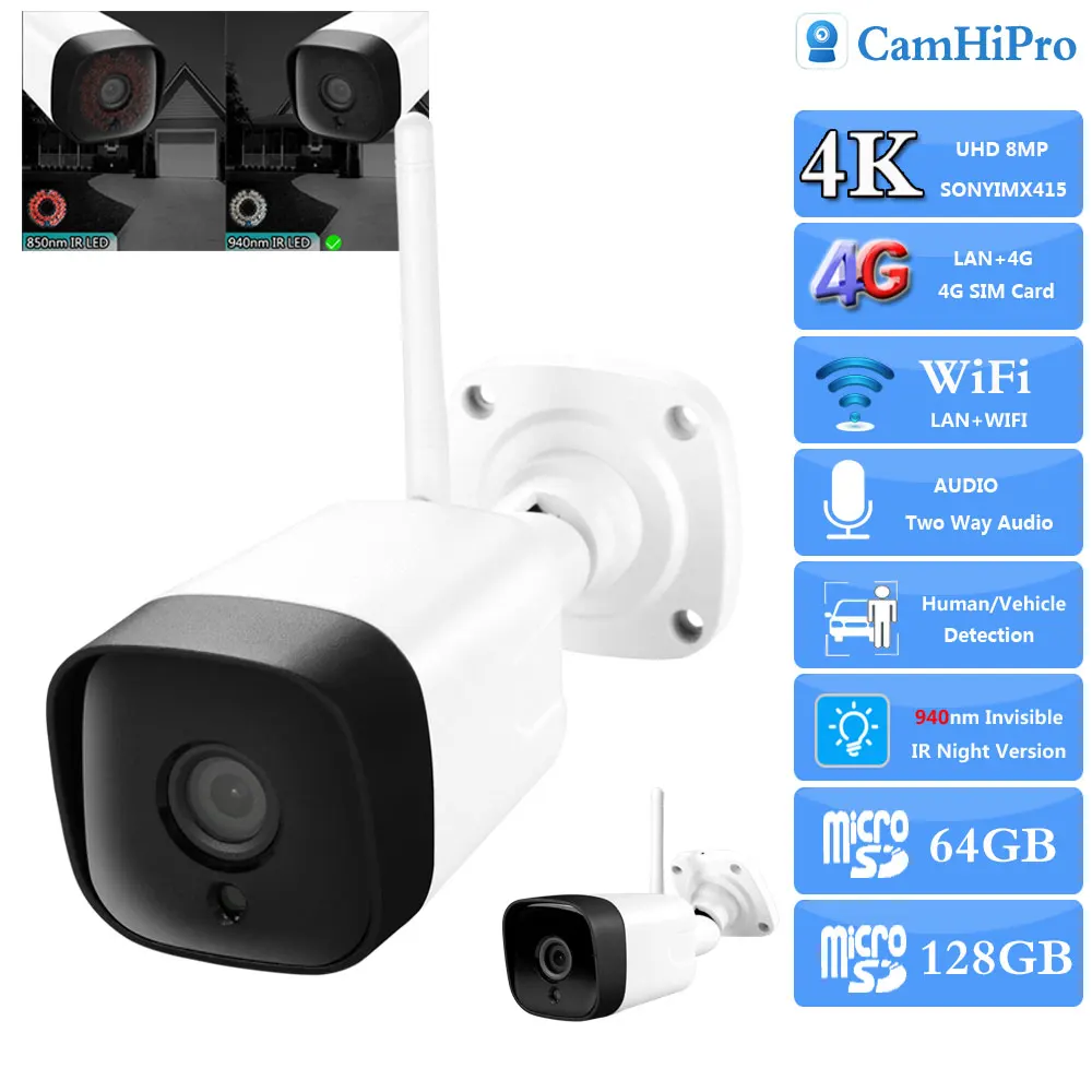 3G 4G SIM Card 4K 8MP SONY415 Wireless Security IP Camera Wifi 940nm Invisible IR Night Version Bullet Camera Two Way Audio