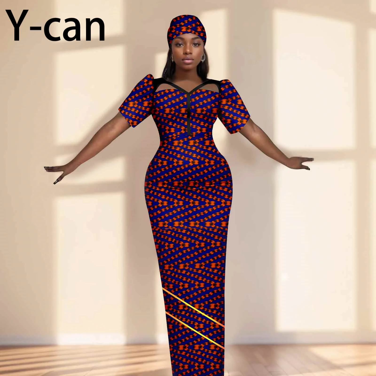 Party Gown African Dresses for Women Slim Fit Short Sleeve Dress Evening Vestidos with Headwrap Dashiki Ankara Print 2525071