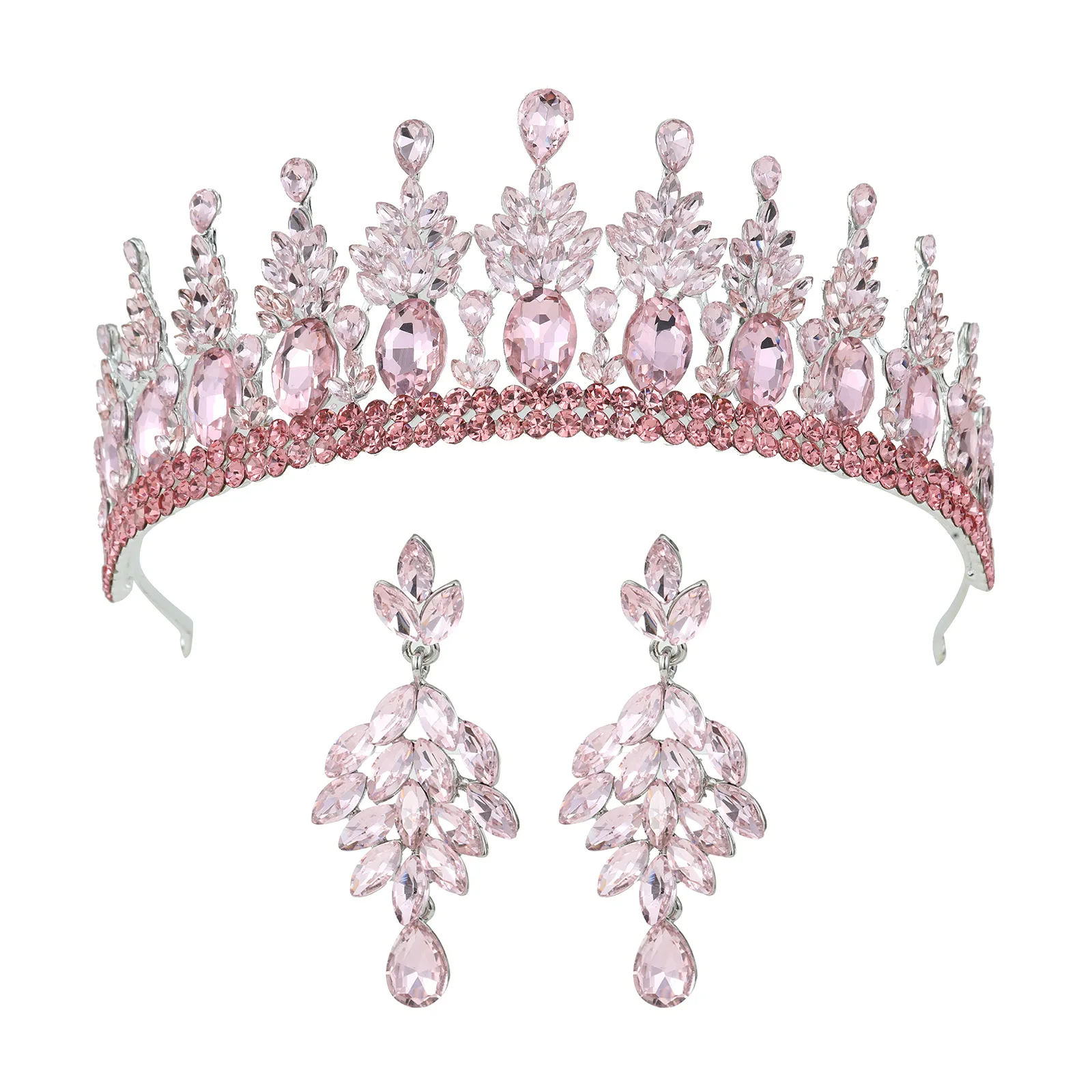 NEW Baroque Bridal Leaf Tiara Alloy Plated Crystal Wedding Crown with Earrings